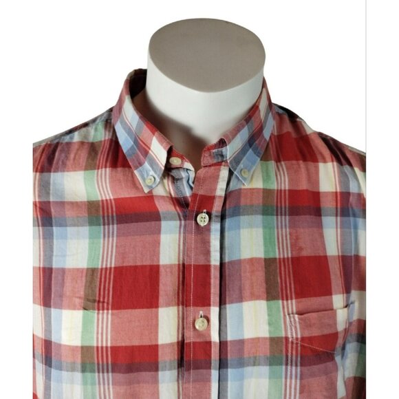 Merona Mens XXL Lightweight Red Plaid Short Sleeve Button Down Casual Shirt - Picture 2 of 12